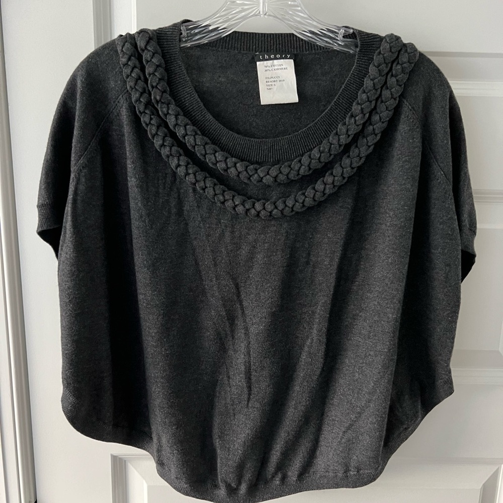 THEORY Gray Short Sleeve Sweater SZ Small Cotton Cashmere Braided Accent